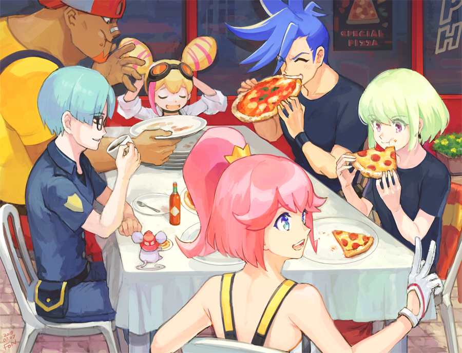 2girls 4boys aina_ardebit backwards_hat black_shirt black_wristband blonde_hair blue_eyes blue_hair chair closed_eyes dark-skinned_male dark_skin drinking eating empty_plate fon-due_(fonfon) food food_on_face fork galo_thymos glasses gloves goggles goggles_on_head green_hair hat holding holding_food holding_pizza lio_fotia lucia_fex multiple_boys multiple_girls pink_hair pizza pizza_slice plant police police_uniform ponytail poster_(object) potted_plant promare remi_puguna shirt sitting steam t-shirt tabasco tablecloth uniform varys_truss vinny_(promare) violet_eyes white_gloves