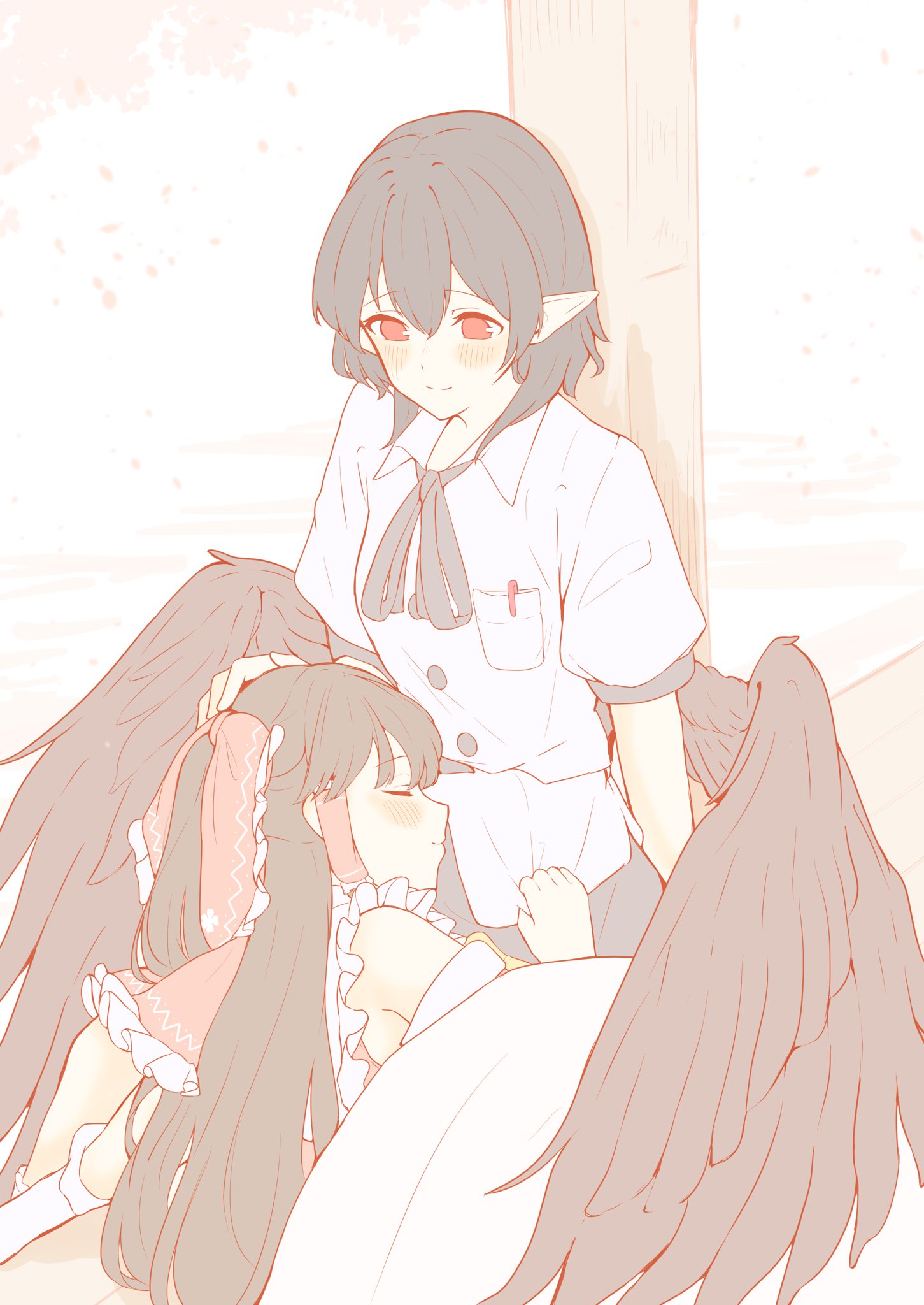 2girls ascot bird_wings black_hair black_wings blush bow breast_pocket chilwell_seele closed_mouth clothes_grab collared_shirt commentary_request detached_sleeves frilled_bow frilled_hair_tubes frills hair_bow hair_tubes hakurei_reimu hand_on_another's_head highres lap_pillow long_hair multiple_girls no_headwear pen pen_in_pocket pocket pointy_ears red_bow red_eyes shameimaru_aya shirt sitting sleeping smile touhou white_shirt wings yellow_ascot yuri