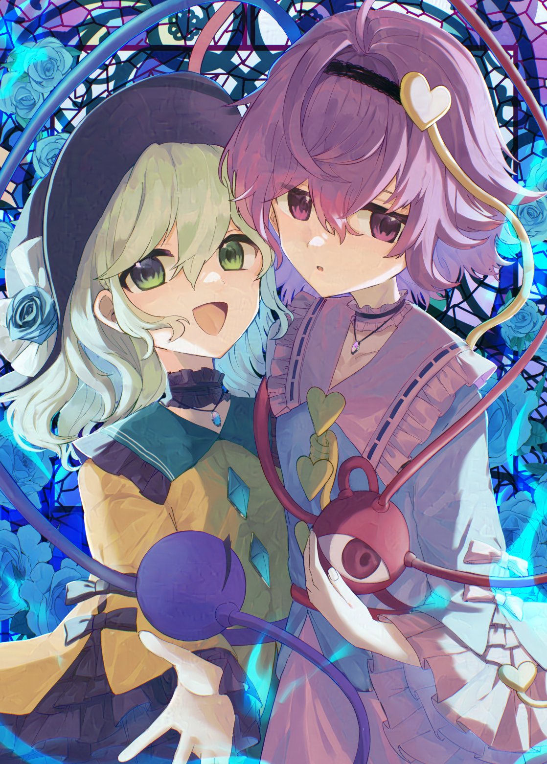 2girls black_hat blue_flower blue_rose blue_shirt buttons choker commentary_request diamond_button eyeball flower frilled_choker frilled_shirt_collar frilled_sleeves frills green_eyes green_hair hair_ornament hairband hat heart heart_button heart_hair_ornament highres jewelry komeiji_koishi komeiji_satori long_sleeves looking_at_viewer multiple_girls open_mouth pendant pink_skirt purple_hair ribbon-trimmed_collar ribbon_trim rose shirt siblings sisters skirt smile stained_glass third_eye touhou tsukikusa violet_eyes wide_sleeves yellow_shirt
