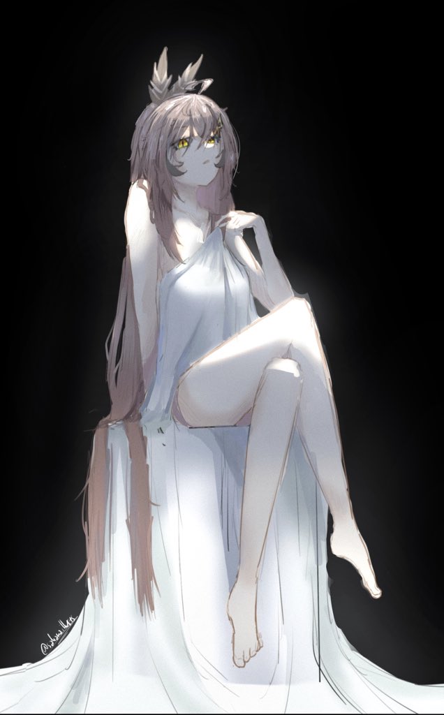 1girl ahoge bare_legs barefoot bed_sheet black_background brown_hair crossed_legs dress feather_hair_ornament feathers hair_between_eyes hair_ornament hololive hololive_english long_hair nanashi_mumei sakanaillusts simple_background sitting solo strapless strapless_dress very_long_hair virtual_youtuber white_dress yellow_eyes