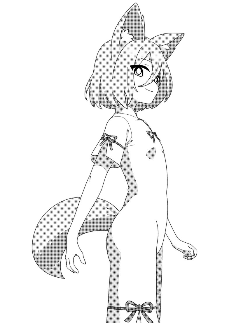 1girl animal_ears closed_mouth fox_ears fox_girl fox_tail from_side greyscale kudamaki_tsukasa looking_at_viewer monochrome onkn_sxkn short_hair short_sleeves simple_background solo tail touhou