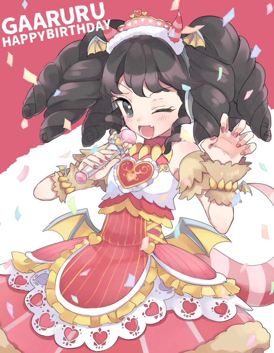 1girl ;d bad_id bad_twitter_id black_hair character_name commentary_request confetti cowboy_shot detached_sleeves dress fake_wings fang gaaruru_(pripara) grey_eyes hairband hands_up happy_birthday headphones idol_clothes inactive_account long_hair looking_at_viewer nail_polish one_eye_closed open_mouth pretty_series pripara red_dress red_nails shiyurinpu sidelocks smile solo standing twintails winged_hairband wings wrist_cuffs
