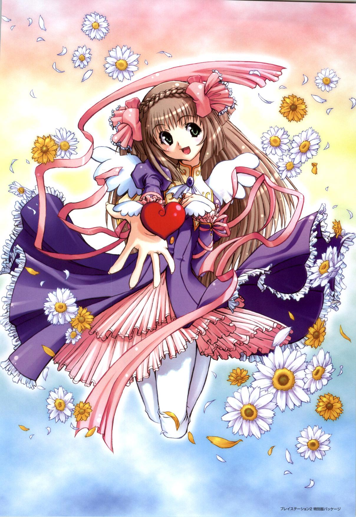 1girl :d angel_wings ascot bistro_cupid bow braid brown_hair celery_periwinkle coat crown_braid flower frilled_skirt frills full_body green_eyes hair_bow hair_ornament hair_ribbon happy heart heart_wings highres juliet_sleeves leggings light_brown_hair long_hair long_sleeves looking_at_viewer official_art open_mouth petals pink_bow pink_ribbon pink_skirt puffy_sleeves purple_coat ribbon scan simple_background skirt smile solo twintails two_side_up very_long_hair white_ascot white_flower white_leggings wings yellow_flower
