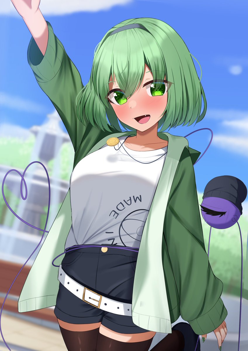 1girl :d alternate_costume arm_up beanie belt black_hairband black_shorts black_thighhighs blue_sky blurry blurry_background blush cardigan collarbone commentary cowboy_shot day eyes_visible_through_hair fang green_cardigan green_eyes green_hair green_nails hair_between_eyes hairband hat heart heart_of_string highres jewelry kirisame_oreo komeiji_koishi looking_at_viewer nail_polish necklace no_headwear open_cardigan open_clothes open_mouth outdoors shirt short_hair shorts sky sleeves_past_wrists smile solo thigh-highs third_eye touhou tsurime waving white_belt white_shirt zettai_ryouiki