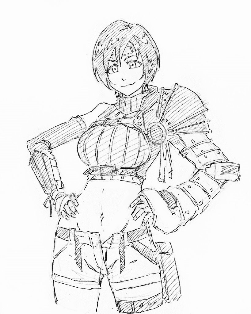 1girl armor asymmetrical_armor breasts chest_strap closed_mouth cowboy_shot crop_top elbow_gloves final_fantasy final_fantasy_vii final_fantasy_vii_rebirth final_fantasy_vii_remake fingerless_gloves gloves hands_on_own_hips headband lineart medium_breasts midriff open_fly rakusakugk ribbon short_hair short_shorts shorts shoulder_armor single_bare_shoulder single_shoulder_pad sketch smile solo white_background yuffie_kisaragi
