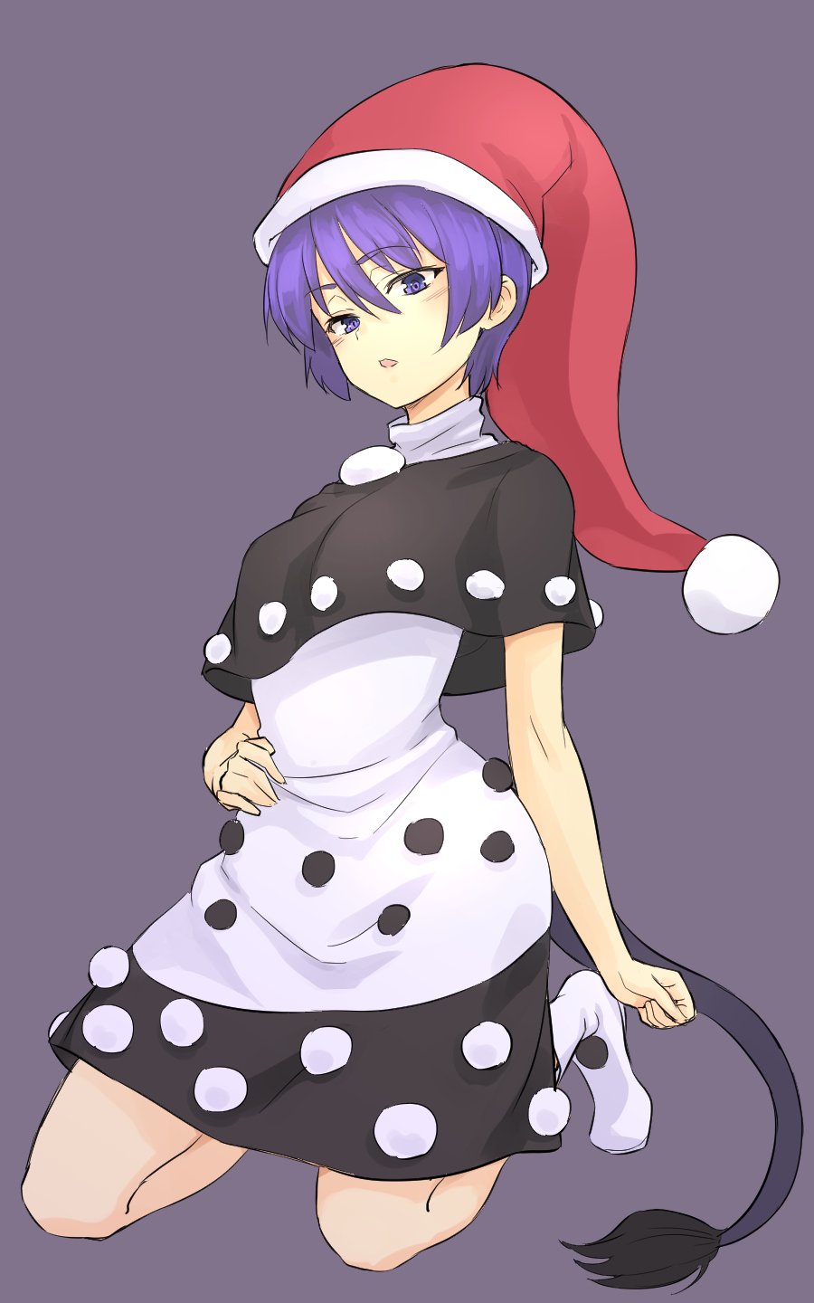 1girl black_capelet black_dress capelet commentary doremy_sweet dress full_body grey_background hat highres kakone kneeling looking_at_viewer nightcap one-hour_drawing_challenge open_mouth pom_pom_(clothes) purple_hair short_hair simple_background solo tail tapir_tail touhou violet_eyes white_dress white_footwear