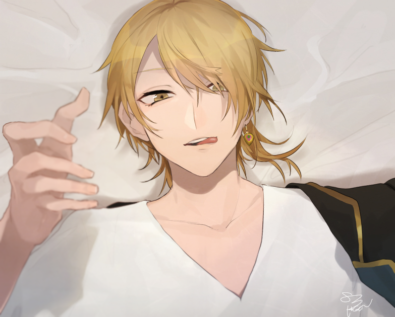 1boy arm_out_of_sleeve beckoning black_jacket blonde_hair collarbone earrings hair_over_one_eye hassan_(sink916) jacket jewelry licking_lips long_sleeves looking_at_viewer lying male_focus official_art on_back on_bed open_clothes open_jacket senra_(utaite) shirt short_hair single_earring single_sidelock solo t-shirt teeth tongue tongue_out upper_body upper_teeth_only urashimasakatasen utaite v-neck white_shirt yellow_eyes