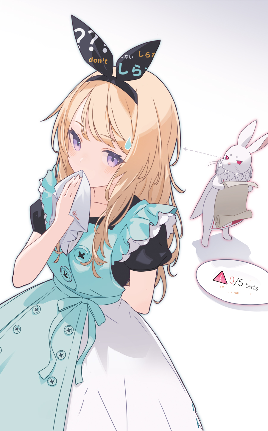 1girl alice_(alice_in_wonderland) alice_in_wonderland apron aqua_apron aqua_ribbon arm_behind_back arrow_(symbol) black_apron black_hairband black_shirt blonde_hair bow_hairband buttons commentary_request cowboy_shot dress fraction glaring hairband hand_up highres holding holding_scroll layered_apron long_hair looking_at_another looking_at_viewer napkin pinafore_dress plate puffy_short_sleeves puffy_sleeves ribbon scroll shirt short_sleeves sideways_glance sign simple_background sleeveless sleeveless_dress standing sweatdrop violet_eyes wakuseiy warning_sign white_apron white_background white_rabbit_(alice_in_wonderland) wiping_mouth