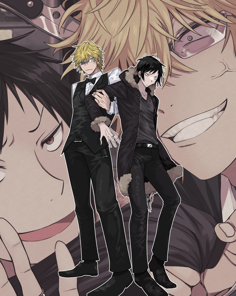 2boys anger_vein black_hair black_jacket black_pants black_shirt blonde_hair bow bowtie butler clenched_teeth collared_shirt constricted_pupils doraiya_ayiarod durarara!! full_body fur-trimmed_jacket fur_trim hair_between_eyes heiwajima_shizuo holding holding_another's_arm jacket knife_in_head looking_at_another messy_hair multiple_boys object_through_head orihara_izaya outline pants shirt short_hair standing sunglasses teeth uniform white_outline