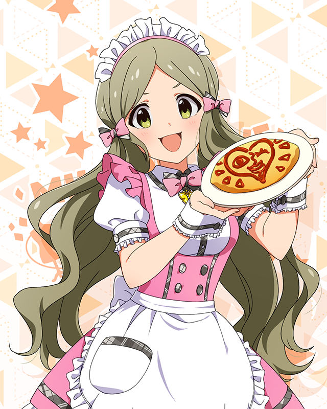 1girl apron blush bow bowtie breasts butterfly_ornament dot_nose dress fluffy_hair food food_art frilled_apron frilled_skirt frills grey_hair hair_ribbon handa_roco holding holding_plate idolmaster idolmaster_million_live! idolmaster_million_live!_theater_days ketchup long_hair looking_at_viewer maid_headdress official_alternate_costume official_art omelet omurice open_mouth parted_bangs pink_bow pink_bowtie pink_dress pink_ribbon plate pretty_waitress_(idolmaster) puffy_short_sleeves puffy_sleeves ribbon shirt short_sleeves skirt small_breasts solo starry_background thigh-highs twintails upper_body v-shaped_eyebrows very_long_hair waist_apron wavy_hair white_apron white_shirt white_thighhighs wrist_cuffs
