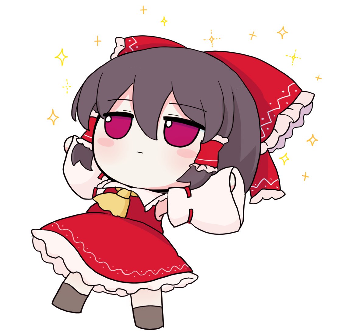 1girl armpits brown_hair chibi closed_mouth detached_sleeves expressionless frilled_hair_tubes frills full_body fumo_(doll) hair_between_eyes hair_tubes hakurei_reimu jitome long_sleeves no_nose outstretched_arms red_ribbon red_shirt red_skirt rei_(tonbo0430) ribbon shirt skirt solo touhou violet_eyes wide_sleeves