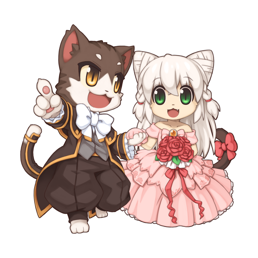 1boy 1girl :3 animal_ears baggy_pants barefoot black_coat black_pants bouquet bow bowtie braid brown_eyes cat_boy cat_ears cat_girl cat_tail chibi coat cone_hair_bun dress fang flower full_body furry furry_female furry_male furry_with_furry gold_trim green_eyes grey_vest groom hair_bun hetero holding holding_bouquet holding_hands long_hair long_sleeves off-shoulder_dress off_shoulder official_art open_mouth pants pink_dress pointing ragnarok_online red_bow red_flower red_rose rose short_sleeves simple_background smile tail tail_armor tail_bow tail_ornament transparent_background twin_braids vest wedding wedding_dress white_bow white_bowtie white_hair yuichirou