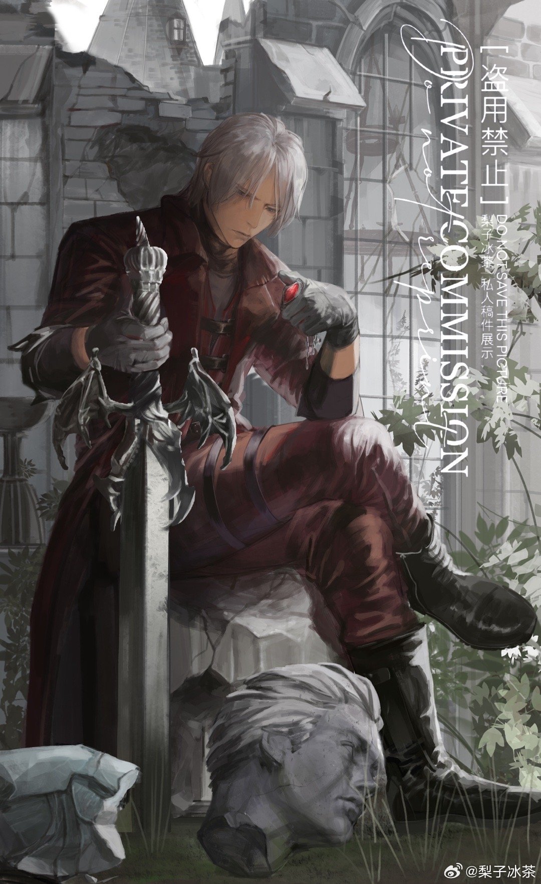 1boy alastor_(sword) blue_eyes closed_mouth coat cracked_skin dante_(devil_may_cry) devil_may_cry_(series) devil_may_cry_1 gloves hair_slicked_back highres holding holding_jewelry holding_necklace holding_weapon jewelry male_focus multiple_boys necklace nelo_angelo outdoors red_coat ruins solo statue sword weapon white_hair