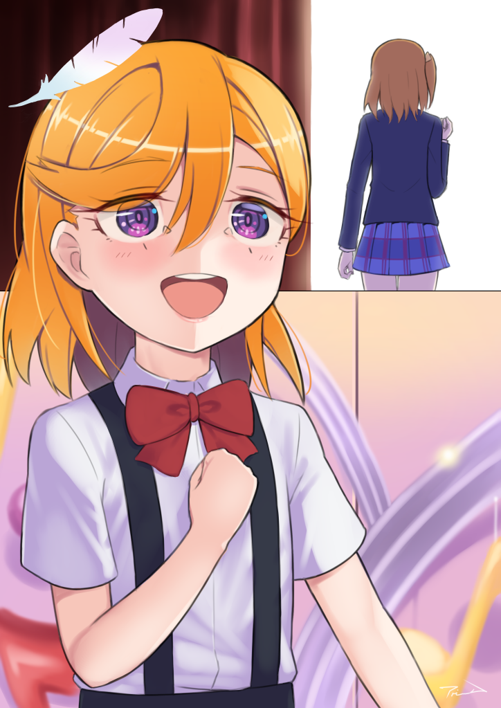 2girls aged_down blue_jacket blue_skirt blush bow bowtie clenched_hand collared_shirt commentary_request feathers hair_between_eyes in-franchise_crossover jacket kosaka_honoka long_sleeves looking_afar love_live! love_live!_school_idol_project love_live!_superstar!! multiple_girls one_side_up open_mouth orange_hair otonokizaka_school_uniform plaid plaid_skirt red_bow red_bowtie school_uniform shibuya_kanon shirt short_hair short_sleeves skirt solo_focus standing suspenders the-prinprince upper_body violet_eyes white_feathers white_shirt