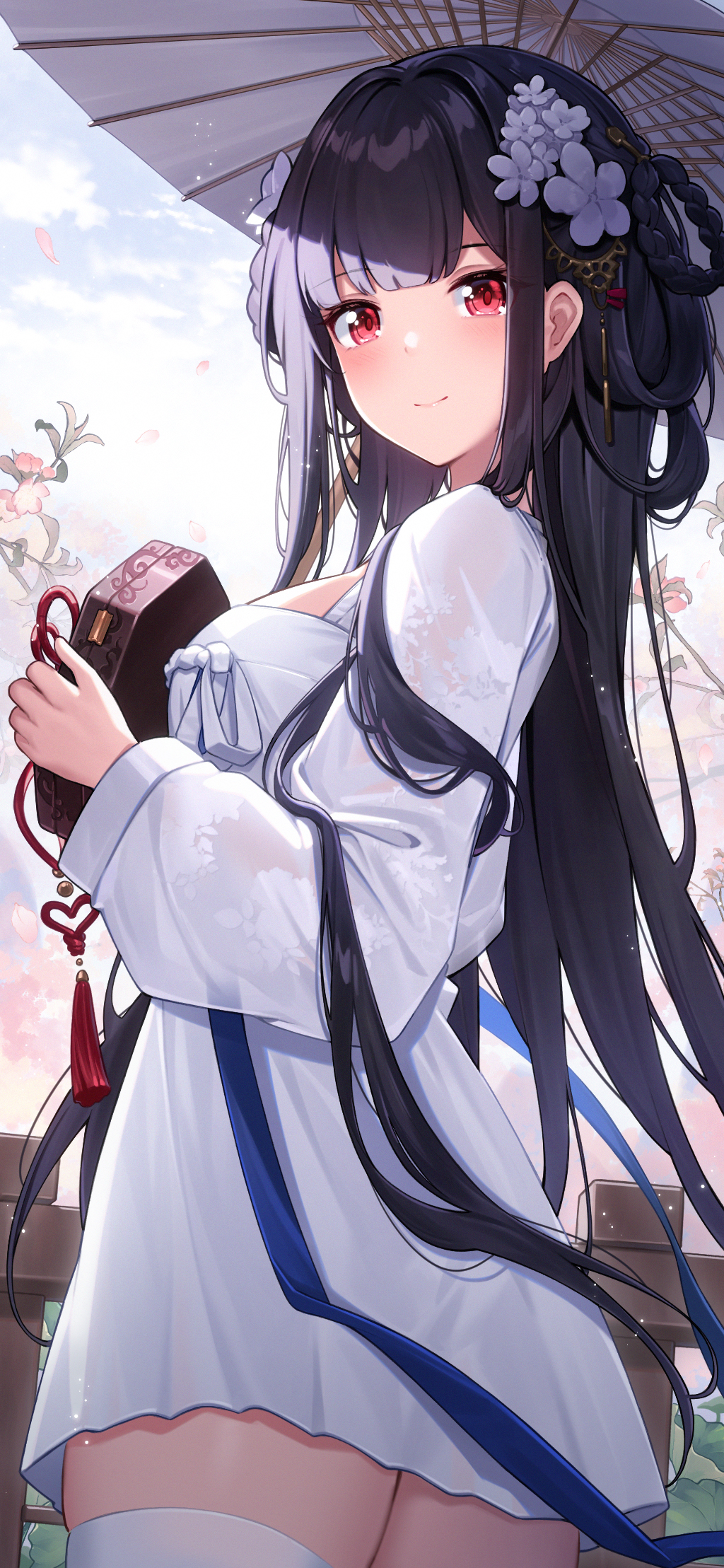 1girl azur_lane black_hair box closed_mouth clouds cloudy_sky dress fence flower hair_flower hair_ornament hands_up highres holding holding_box holding_umbrella light_blush long_hair looking_at_viewer official_alternate_costume official_art oil-paper_umbrella outdoors red_eyes sky solo thigh-highs umbrella white_dress white_flower white_thighhighs yat_sen_(azur_lane) yat_sen_(paragon_of_celestial_grace)_(azur_lane)