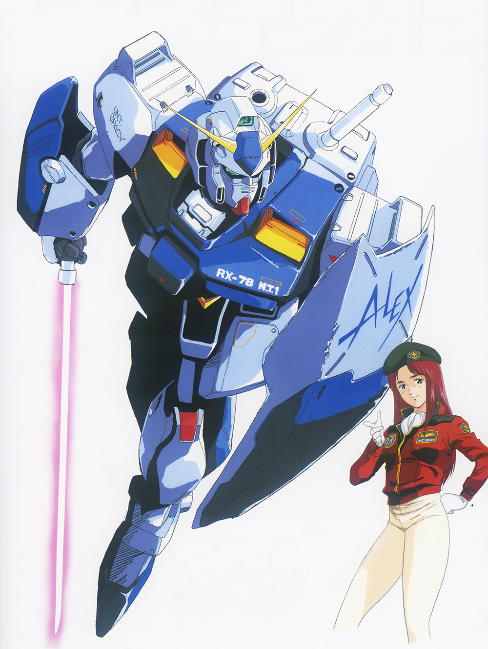 1980s_(style) 1girl beam_saber beret character_name christina_mackenzie earth_federation_space_forces gloves gundam gundam_0080 gundam_alex hat highres jacket kawamoto_toshihiro key_visual long_hair mecha military military_uniform mobile_suit official_art pants pilot production_art promotional_art redhead retro_artstyle robot scan scarf science_fiction shield soldier traditional_media uniform v-fin white_gloves white_pants white_scarf