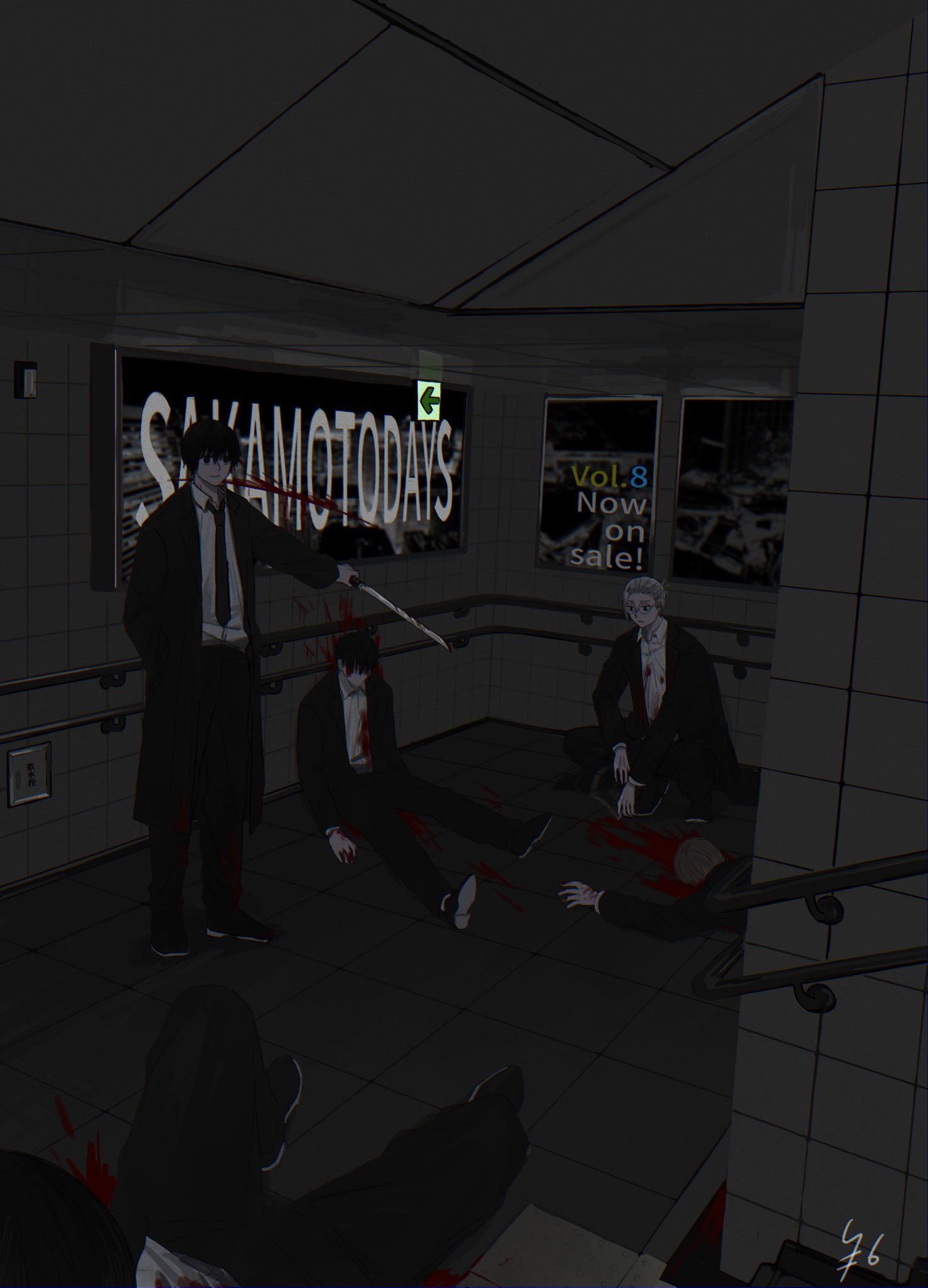 2boys black_hair black_necktie black_suit bleeding blood blood_on_clothes blood_on_wall blood_on_weapon blood_stain collared_shirt copyright_name corpse death english_text glasses grey_hair hand_in_pocket highres holding holding_sword holding_weapon multiple_boys murder nagumo_(sakamoto_days) necktie rokuen_skd sakamoto_days sakamoto_taro shirt squatting subway subway_station suit sword weapon white_shirt
