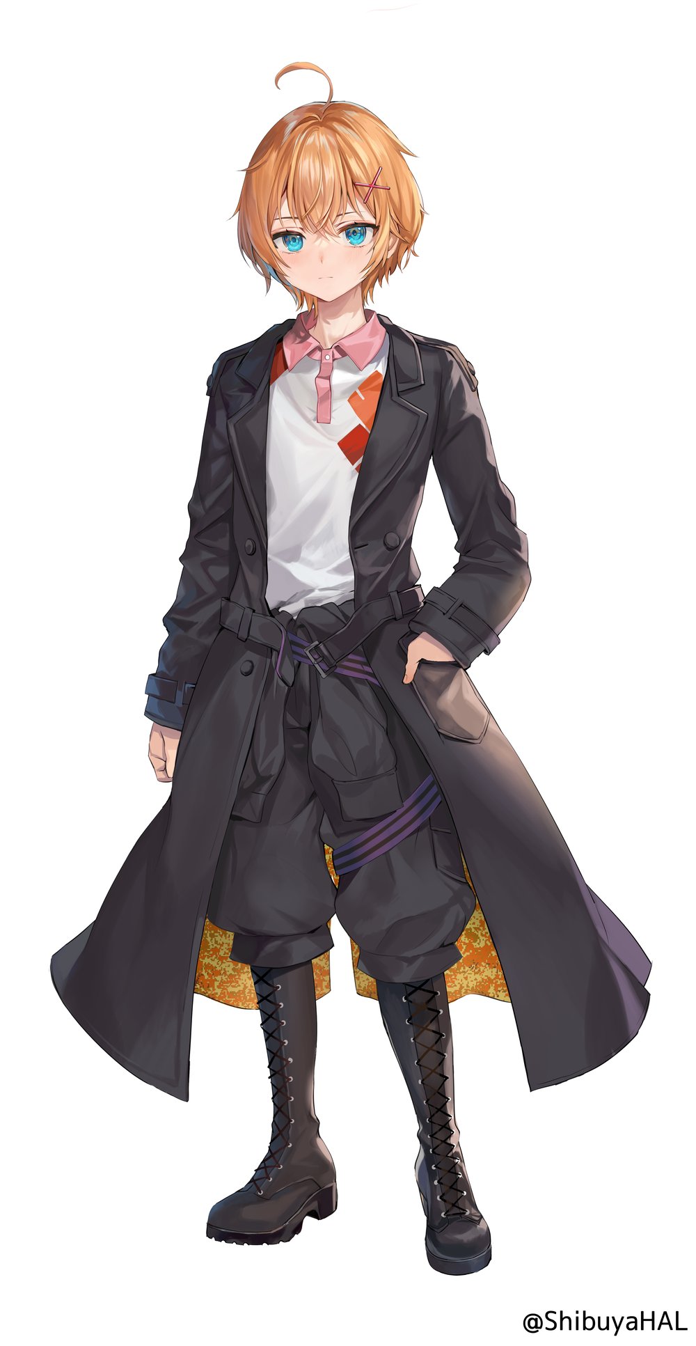 1boy aged_down ahoge black_coat black_footwear blue_eyes boots character_name clothes_around_waist coat collared_shirt commentary_request cross-laced_clothes full_body hair_ornament hand_in_pocket highres indie_virtual_youtuber knee_boots light_blush male_focus momoko_(momopoco) neo-porte open_clothes open_coat orange_hair shibuya_hal shirt short_hair simple_background solo standing twitter_username virtual_youtuber white_background white_shirt wing_collar x_hair_ornament
