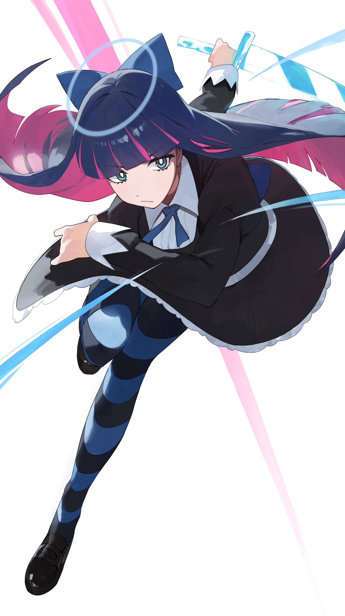 1girl blue_eyes blunt_bangs bow colored_inner_hair dress gothic_lolita hair_bow highres lolita_fashion long_hair multicolored_hair official_style panty_&amp;_stocking_with_garterbelt pink_hair simple_background solo stocking_(psg) striped_clothes striped_leggings striped_thighhighs thigh-highs two-tone_hair ushiwaka white_background