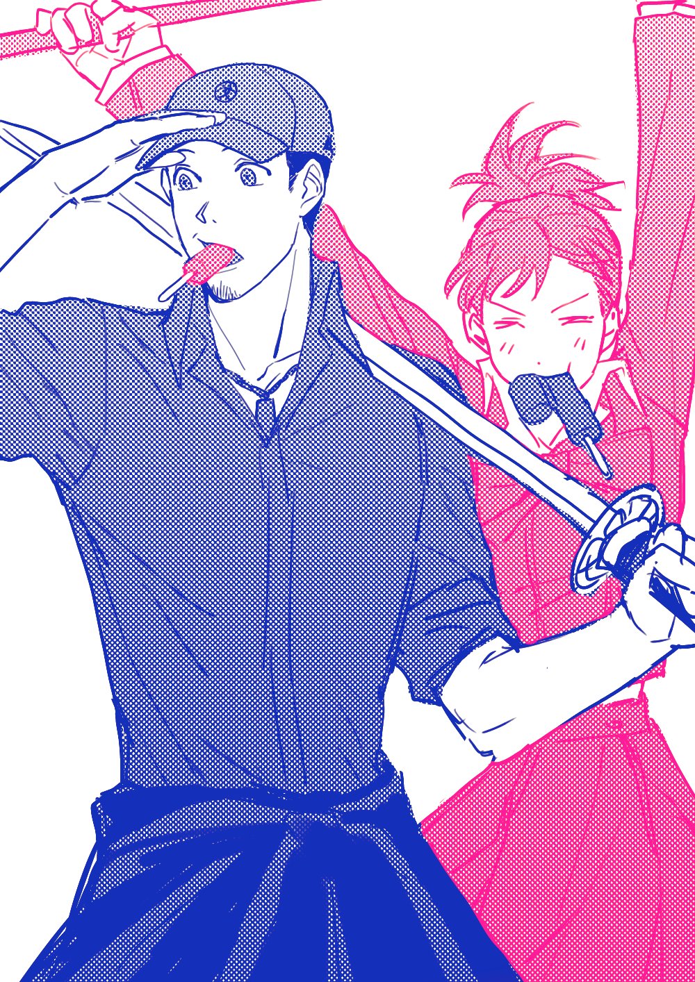 1boy 1girl arms_up bow bowtie closed_eyes collared_shirt food food_in_mouth hands_on_headwear hat highres holding holding_sword holding_weapon iori_junpei jacket jewelry necklace persona persona_3 persona_3_portable ponytail popsicle school_uniform shiomi_kotone shirt sleeve_rolled_up sword tied_jacket weapon white_background yongari_shin