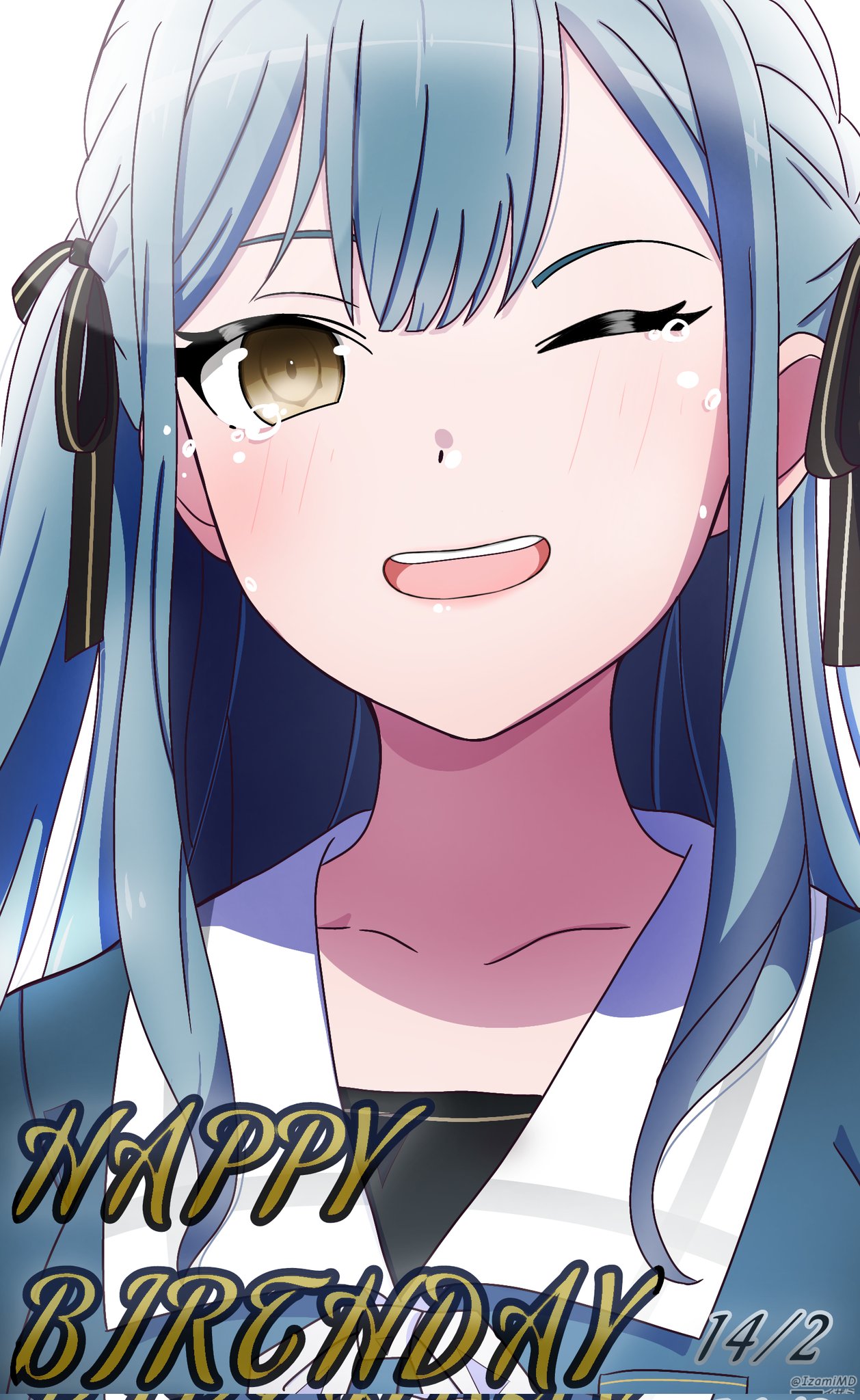 1girl bang_dream! bang_dream!_it's_mygo!!!!! black_ribbon blue_hair blue_shirt blush commentary corrupted_twitter_file crying dated english_commentary english_text hair_ribbon happy_birthday highres izami_md long_hair one_eye_closed open_mouth ribbon sailor_collar school_uniform shirt simple_background solo tears togawa_sakiko tsukinomori_school_uniform two_side_up upper_body white_background white_sailor_collar yellow_eyes