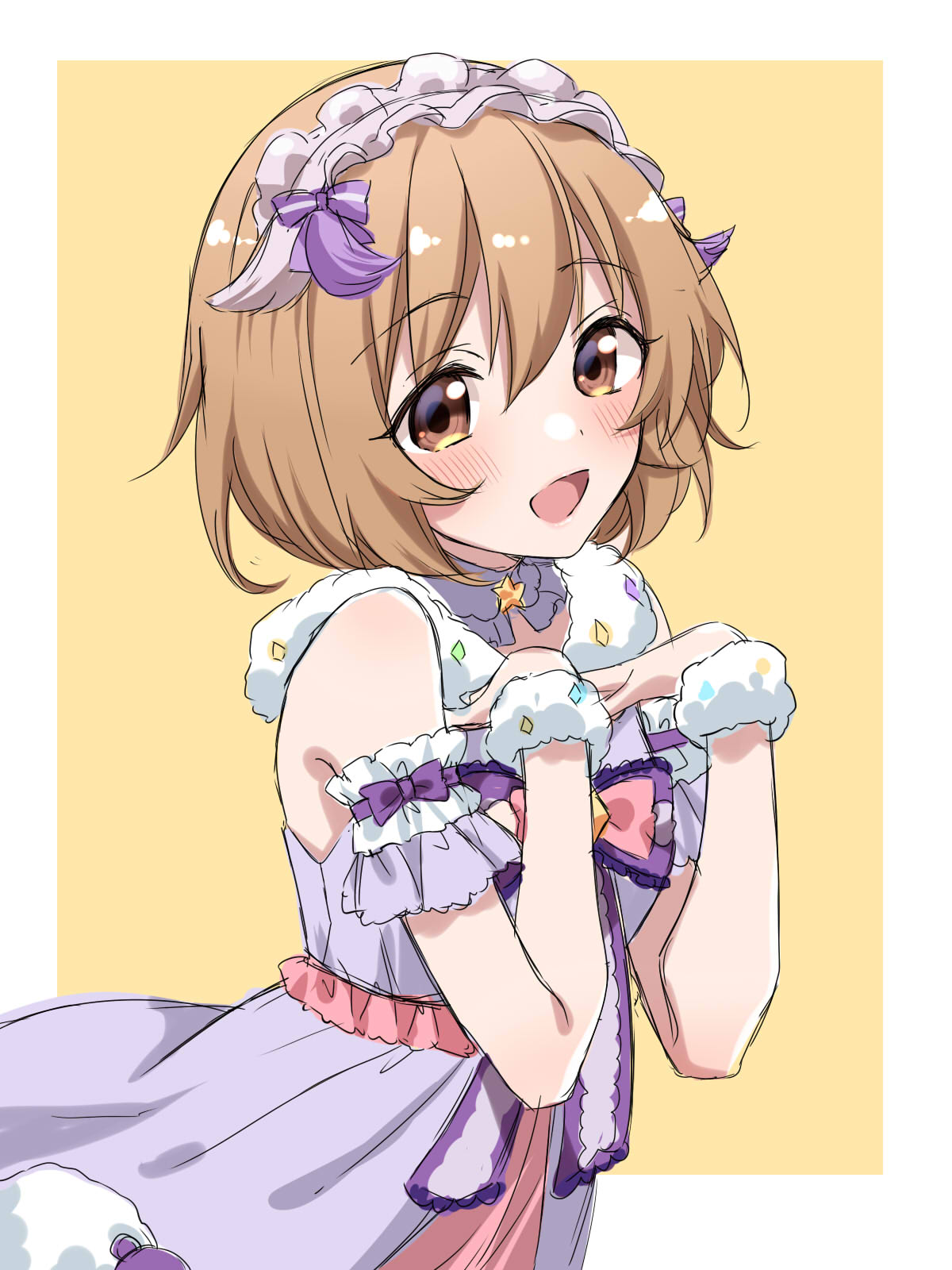 1girl arm_garter bare_shoulders blush border bow bowtie brown_eyes brown_hair dot_nose dress flat_chest from_side fur-trimmed_dress fur_trim hands_on_own_breasts highres idolmaster idolmaster_cinderella_girls idolmaster_cinderella_girls_starlight_stage koga_koharu looking_at_viewer open_mouth outside_border purple_bow purple_bowtie purple_ribbon ribbon scrunchie short_hair simple_background smile solo tottoto_tomekichi two-tone_dress white_border white_headdress white_scrunchie wrist_scrunchie yellow_background