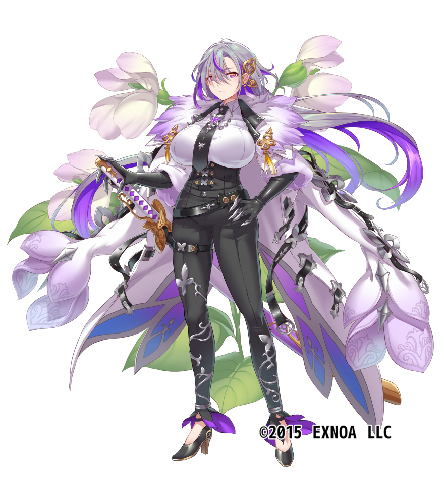 belt breasts closed_mouth dress flower_knight_girl full_body high_heels large_breasts legs looking_at_viewer mataichi_mataro necktie official_art purple_hair red_eyes standing sword thighs violet_eyes weapon white_background white_dress white_hair yellow_eyes