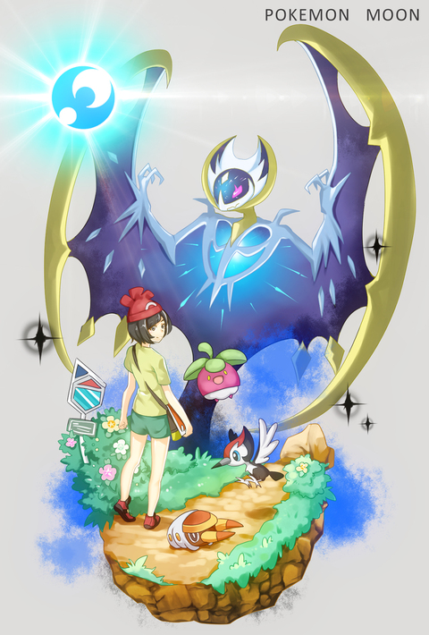 1girl bare_legs beanie bird black_hair blue_eyes bounsweet closed_mouth commentary crescent dirt english_commentary flower grass green_shorts grey_background grubbin hat image_sample lunala matsu-jun path pikipek pokemon pokemon_(creature) pokemon_sm red_footwear road_sign selene_(pokemon) shirt shoes short_hair short_sleeves shorts sign smile sneakers solo sparkle third-party_source violet_eyes wings yellow_eyes yellow_shirt