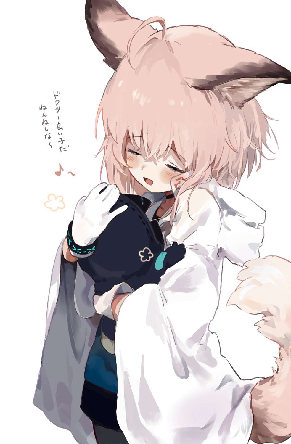 1girl 1other animal_ears arknights black_choker blush chibi choker closed_eyes doctor_(arknights) fox_ears fox_girl fox_tail gloves highres hug infection_monitor_(arknights) jacket musical_note mutual_hug open_clothes open_jacket open_mouth shirt short_hair simple_background skirt sussurro_(arknights) tail unitedunti white_background white_gloves white_jacket