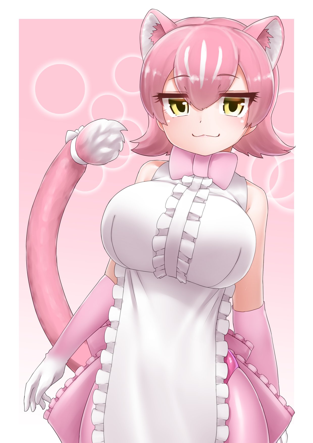 1girl :3 apron bare_shoulders blush bow bowtie center_frills cowboy_shot dress elbow_gloves extra_ears frilled_apron frilled_skirt frills gloves hair_between_eyes highres kemono_friends looking_at_viewer panther_ears panther_girl panther_tail peach_panther_(kemono_friends) pink_bow pink_bowtie pink_gloves pink_hair pink_skirt pleated_skirt short_hair sidelocks skirt sleeveless smile solo tail tail_bow tail_ornament white_apron white_dress yellow_eyes yonkuron