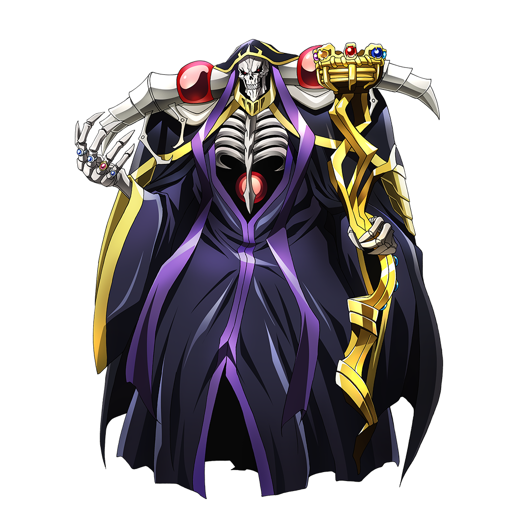 1boy ainz_ooal_gown black_robe full_body gold_trim jewelry lich no_eyes official_art overlord_(maruyama) ring robe skeleton solo teeth weapon wide_sleeves