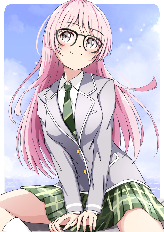 1girl bang_dream! bang_dream!_it's_mygo!!!!! black-framed_eyewear blue_sky blush border breast_pocket breasts buttons chihaya_anon closed_mouth collared_shirt commentary day diagonal-striped_clothes diagonal-striped_necktie feet_out_of_frame glasses green_necktie green_skirt grey_eyes grey_jacket haneoka_school_uniform hidemu jacket long_hair long_sleeves looking_to_the_side necktie outdoors outside_border pink_hair plaid plaid_skirt pleated_skirt pocket rounded_corners school_uniform shirt sitting skirt sky smile solo striped_clothes white_border white_trim