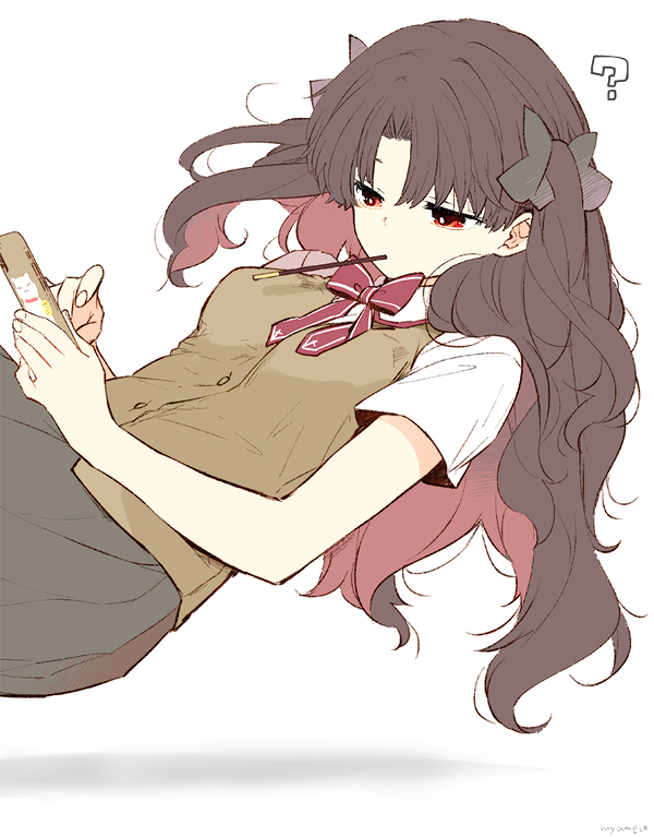1girl ? azumi_(myameco) black_hair black_ribbon black_skirt bow bowtie cellphone colored_inner_hair commentary fate/grand_order fate_(series) flying hair_ribbon holding holding_phone ishtar_(fate) long_hair multicolored_hair phone red_bow red_bowtie red_eyes redhead ribbon school_uniform shadow short_sleeves simple_background skirt solo symbol-only_commentary white_background