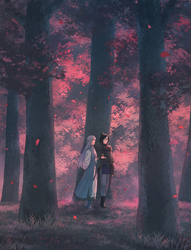 2boys androgynous arm_behind_back black_hair braid brown_cloak chinese_clothes cloak commentary_request falling_petals forest from_side full_body grey_hair leaf long_hair looking_at_another male_focus multiple_boys nature on_grass original petals pink_theme ponytail standing toruglose tree walking