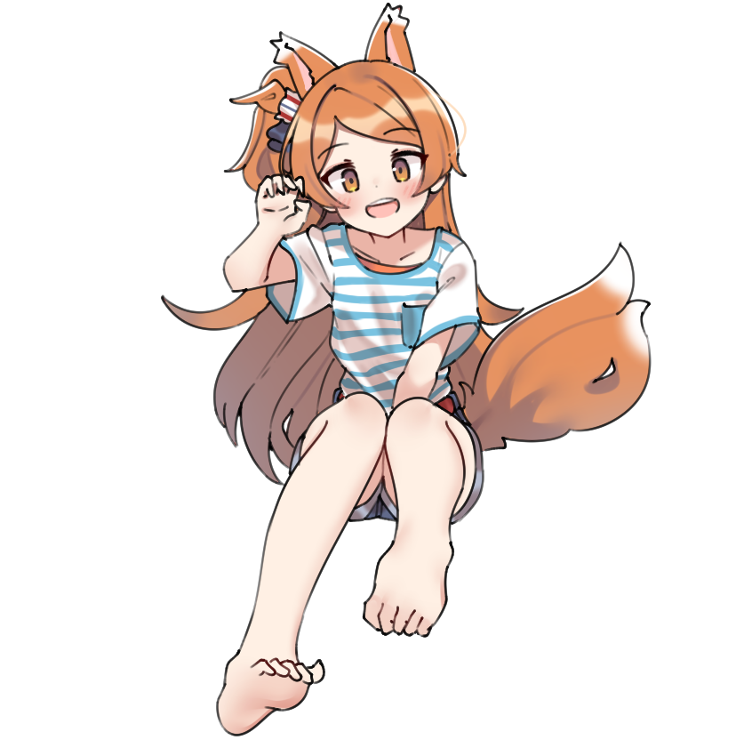 1girl :d aa211108 animal_ears bare_legs barefoot blush breasts collarbone dot_nose fake_animal_ears fake_tail fox_ears fox_tail full_body hair_ornament high_side_ponytail idolmaster idolmaster_million_live! idolmaster_million_live!_theater_days long_hair looking_at_viewer ogami_tamaki open_mouth orange_hair parted_bangs paw_pose shirt short_sleeves shorts sidelocks simple_background sitting small_breasts smile solo straight_hair striped_clothes striped_shirt tail teeth upper_teeth_only very_long_hair white_background yellow_eyes
