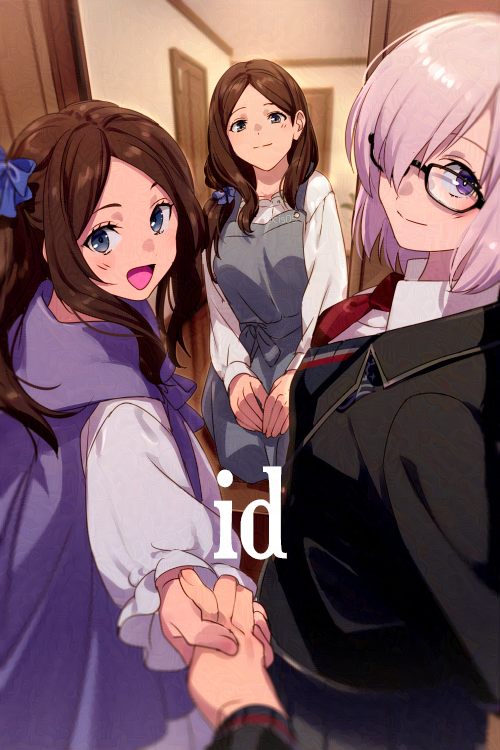 3girls blue_eyes blush breasts brown_hair echo_(circa) fate/grand_order fate_(series) glasses holding_hands large_breasts leonardo_da_vinci_(fate) leonardo_da_vinci_(rider)_(fate) long_hair long_sleeves looking_at_viewer mash_kyrielight multiple_girls open_mouth parted_bangs pink_hair pov short_hair small_breasts smile violet_eyes