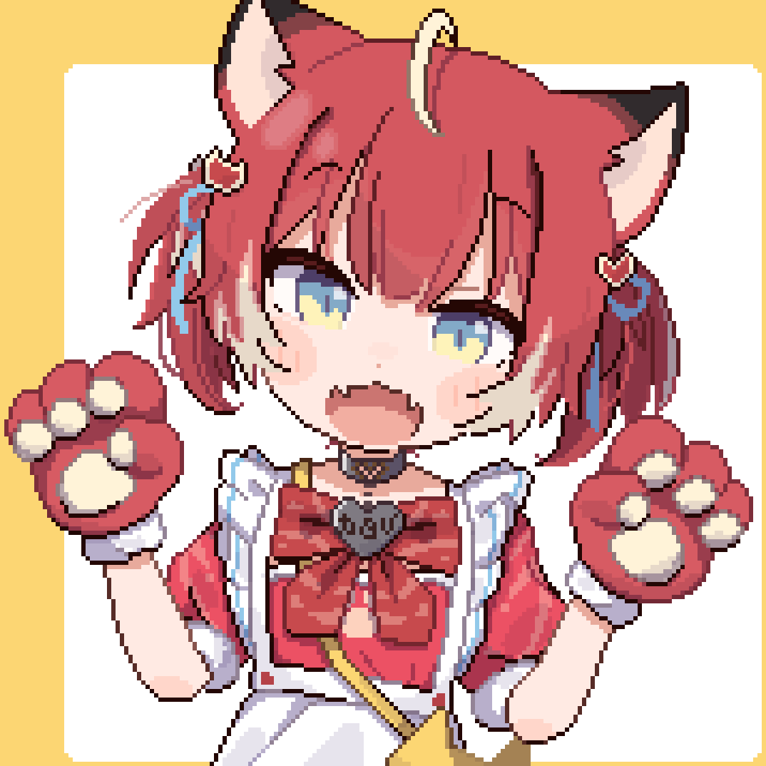 1girl ahoge akami_karubi animal_collar animal_ears animal_hands apron blue_eyes bow bowtie cat_ears collar commentary fangs gloves gradient_eyes indie_virtual_youtuber maid maid_apron multicolored_eyes paw_gloves paw_pose pixel_art potato7192 puffy_short_sleeves puffy_sleeves red_bow red_bowtie red_shirt redhead shirt short_sleeves twintails virtual_youtuber waist_apron white_apron
