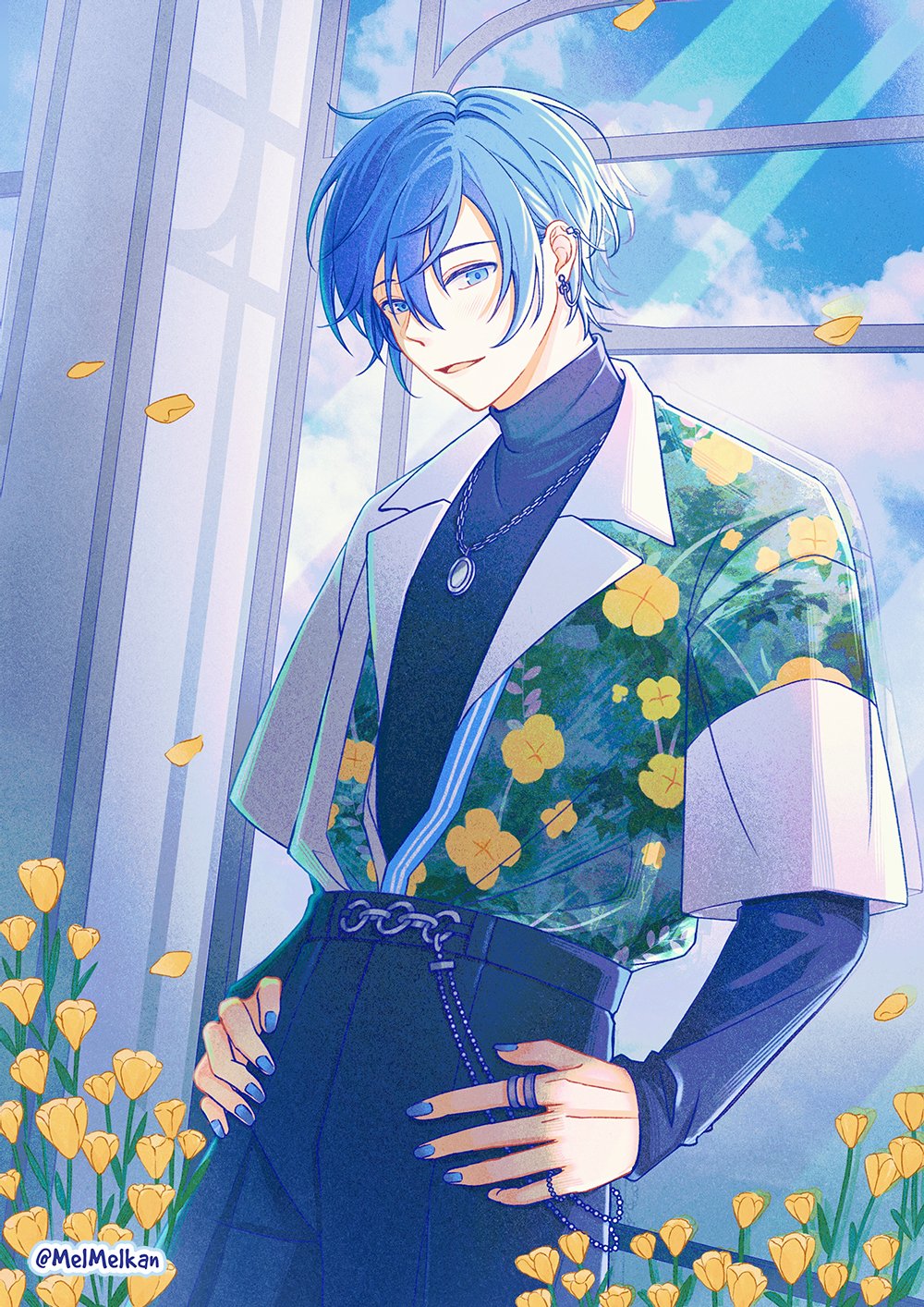 1boy artist_name black_pants black_shirt blue_eyes blue_hair blue_nails clouds cloudy_sky cowboy_shot earrings falling_petals fingernails floral_print flower hands_on_own_hips highres jewelry kaito_(vocaloid) lapels layered_sleeves leaf long_sleeves looking_at_viewer male_focus melkan necklace notched_lapels official_alternate_costume open_mouth pants petals project_sekai ring shirt short_hair short_over_long_sleeves short_sleeves sky solo sweater the_first_concerto_(project_sekai) turtleneck turtleneck_sweater vivid_bad_squad_(project_sekai) vivid_bad_squad_kaito vocaloid yellow_flower