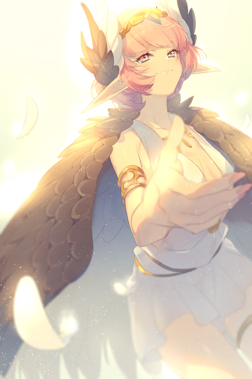 1girl aqua_eyes armlet backlighting bare_shoulders bracelet breasts circe_(fate) circlet dress echo_(circa) fate/grand_order fate_(series) feathered_wings head_wings jewelry necklace outstretched_arm pink_hair pointy_ears short_hair sidelocks small_breasts smile thighlet thighs white_dress wings