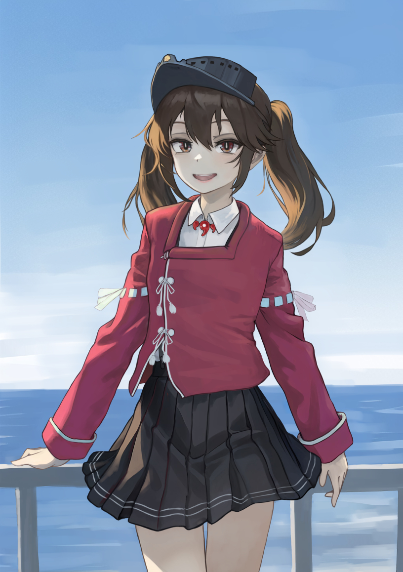 1girl black_skirt blue_sky brown_eyes brown_hair clouds collared_shirt commentary_request day dress_shirt horizon japanese_clothes kantai_collection kariginu long_hair magatama nito_(nshtntr) ocean open_mouth outdoors pleated_skirt railing red_shirt ryuujou_(kancolle) shirt skirt sky smile solo standing twintails visor_cap white_shirt