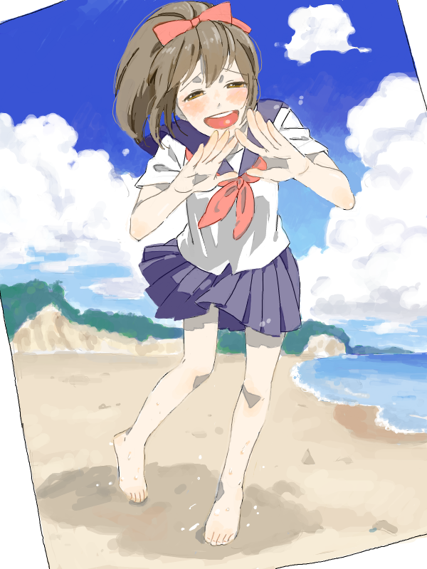 1girl :d bad_drawr_id bad_id bare_legs barefoot beach blue_sky blush bow brown_eyes brown_hair character_request clouds copyright_request day full_body hair_bow long_hair looking_at_viewer neckerchief ocean oekaki open_hands open_mouth outdoors pego_(peco_peco) pleated_skirt ponytail sand school_uniform serafuku shore skirt sky smile solo standing teeth upper_teeth_only v-shaped_eyebrows