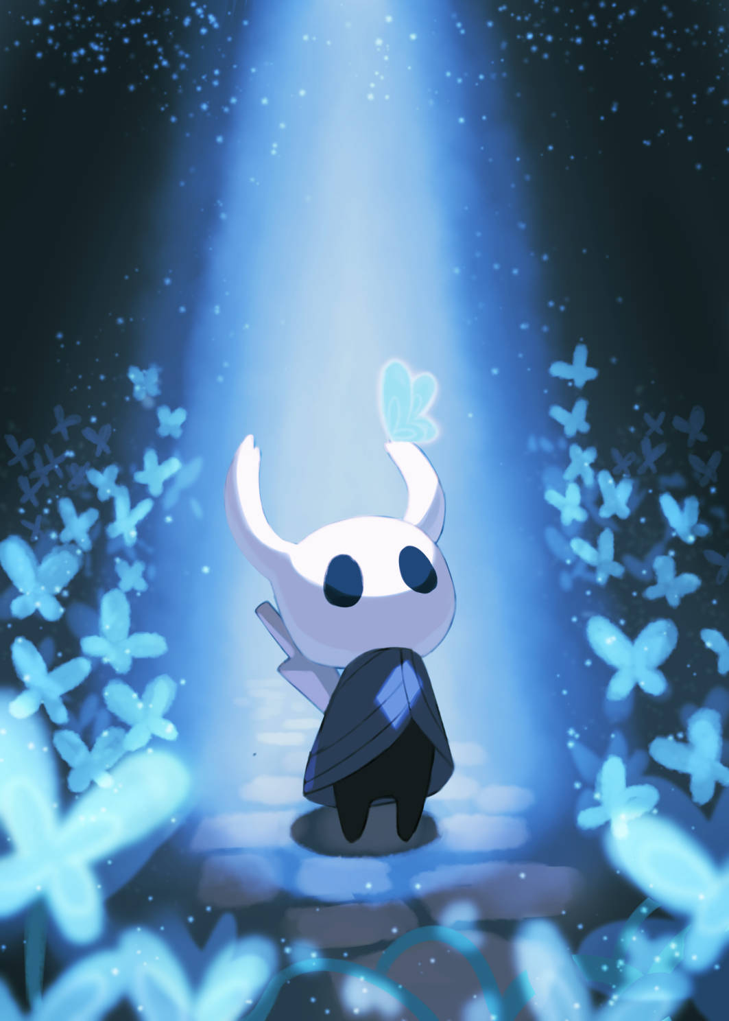 1other black_eyes black_skin blank_eyes blue_butterfly bug butterfly butterfly_on_head butterfly_on_horn colored_skin full_body glowing_butterfly grey_cloak highres hollow_knight horns idass_(idass16) knight_(hollow_knight) nail_(hollow_knight) solo standing sword sword_on_back weapon weapon_on_back