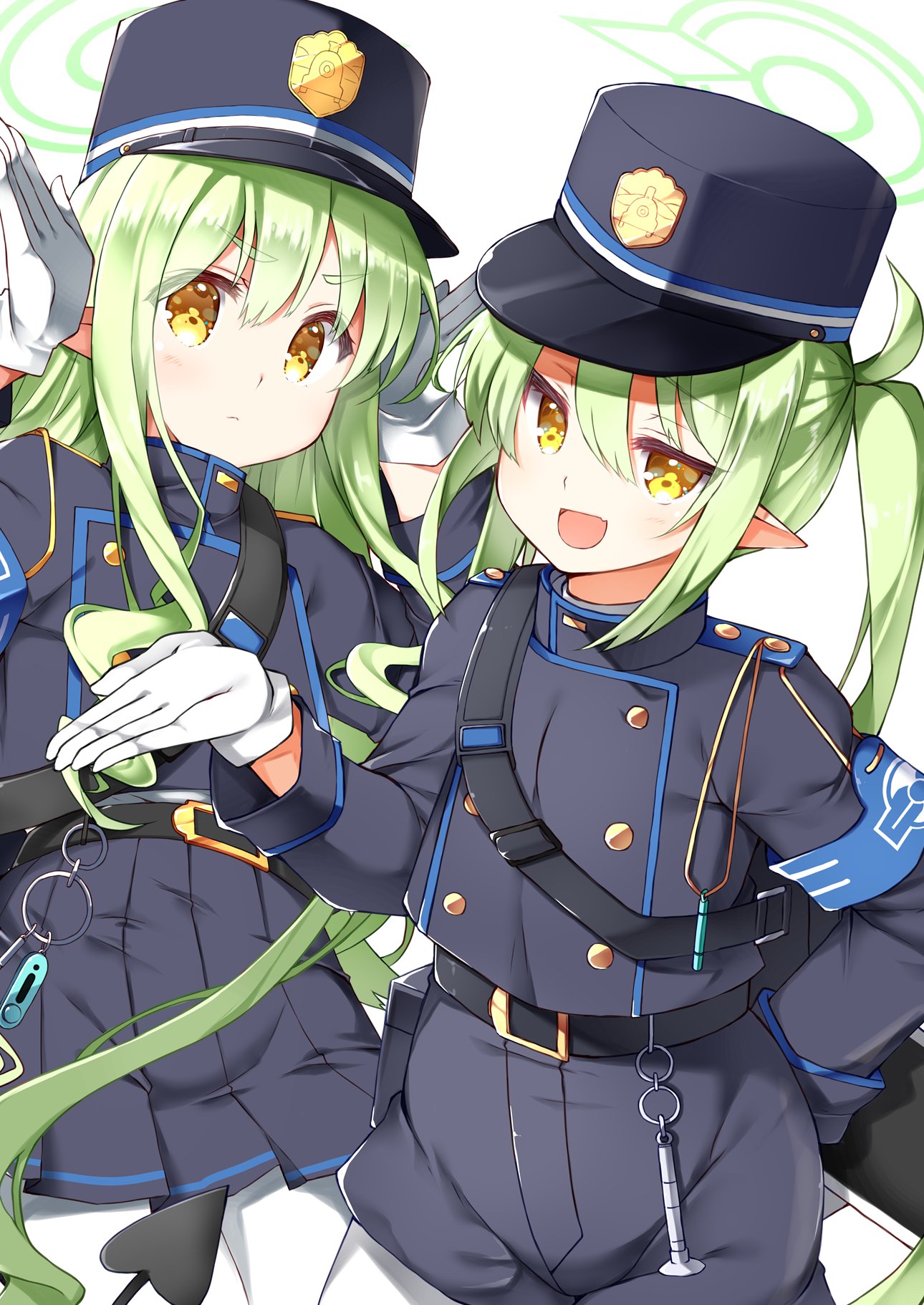 2girls arm_behind_back armband arms_up bag blue_archive blue_armband blue_jacket blue_shorts blush buttons curly_sidelocks demon_tail double-breasted fang gloves green_hair halo hand_up hasumi_takashi hat highres hikari_(blue_archive) jacket long_hair long_sleeves looking_at_viewer multiple_girls nozomi_(blue_archive) pantyhose peaked_cap shorts shoulder_bag shoulder_boards siblings sidelocks sisters skin_fang tail twins twintails whistle white_background white_gloves white_pantyhose yellow_eyes