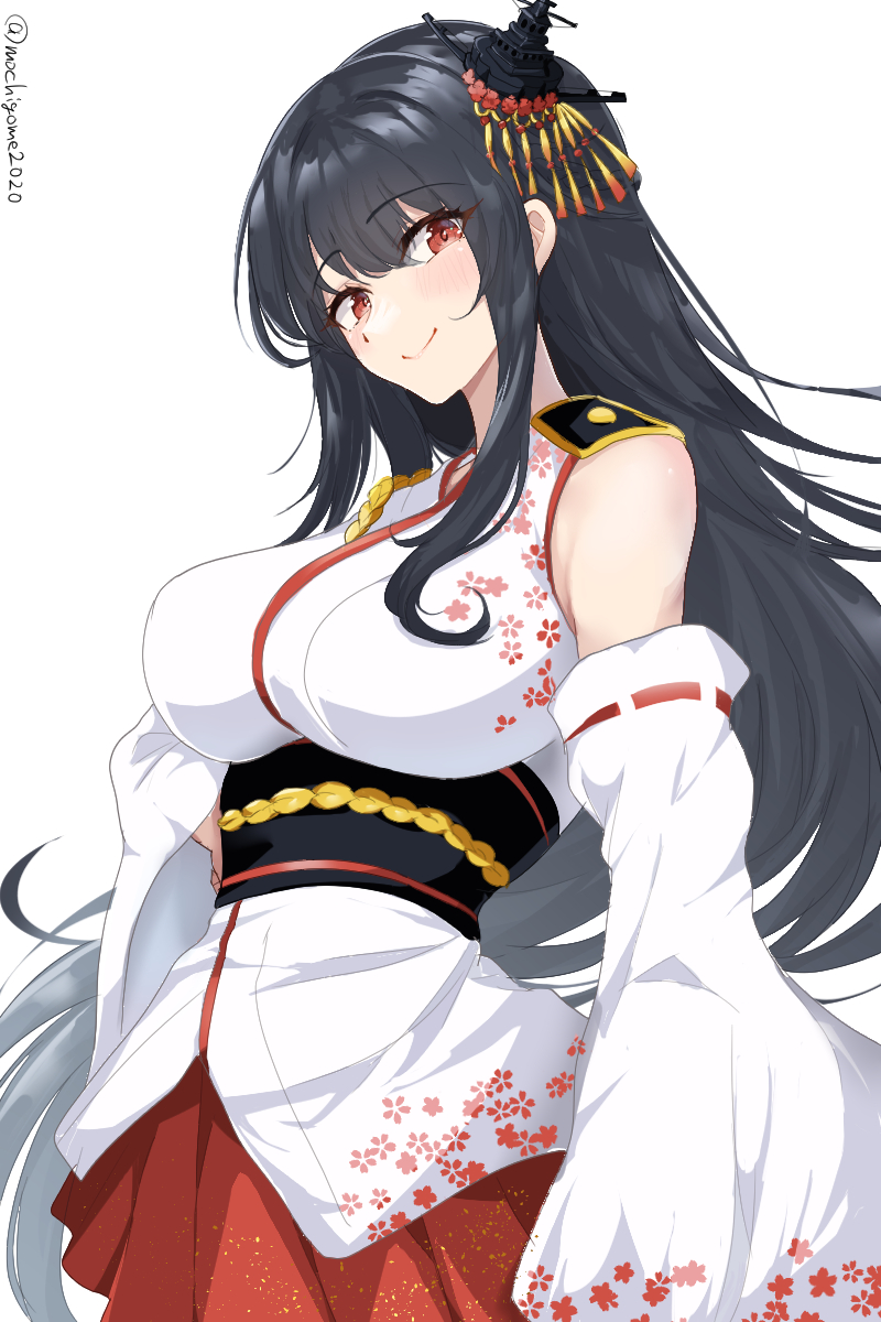 1girl bare_shoulders black_hair blush breasts chamumi_(mochiumee) detached_sleeves epaulettes fusou_(kancolle) hair_ornament headgear highres japanese_clothes kantai_collection large_breasts long_hair looking_at_viewer nontraditional_miko obi red_eyes red_skirt sash simple_background skirt smile white_background