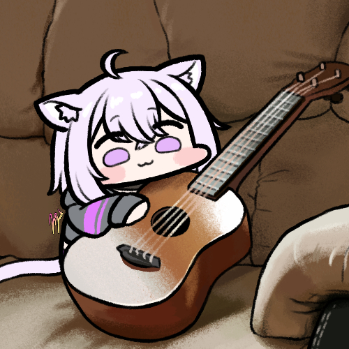 1girl :3 animal_ear_fluff animal_ears blush_stickers cat_ears cat_girl cat_tail couch full_body grey_hoodie hair_between_eyes holding holding_instrument hololive hood hood_down hoodie instrument jazz_jack long_sleeves lowres medium_hair nekomata_okayu on_couch purple_hair signature solid_eyes solo tail ukulele violet_eyes virtual_youtuber wide_face