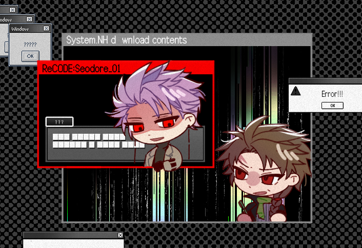 2boys b1ue_e4rth black_gloves black_jacket black_sweater brown_hair chibi commentary_request error_message gloves green_scarf grey_jacket harada_minoru jacket korean_commentary male_focus multiple_boys open_clothes open_jacket open_mouth purple_hair red_eyes ribbed_sweater saibou_shinkyoku scar scar_on_face scar_on_forehead scarf shaded_face short_hair smile sweater theodore_riddle turtleneck turtleneck_sweater