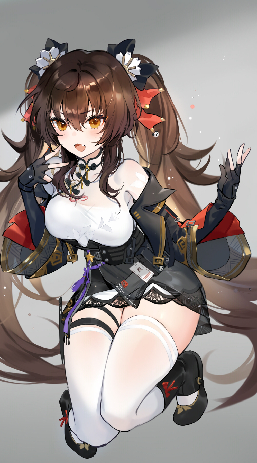 1girl :d black_bow black_footwear black_gloves black_jacket black_skirt boots bow breasts brown_eyes brown_hair fang fingerless_gloves full_body girls'_frontline_2:_exilium girls_frontline gloves grey_background hair_bow hands_up hatoyama_itsuru highres holster jacket jumping knee_boots legs_up long_hair looking_at_viewer medium_breasts miniskirt red_bow shirt skindentation skirt smile solo thigh-highs thigh_holster twintails type_97_(girls'_frontline) underbust v-shaped_eyebrows v_over_mouth very_long_hair white_shirt white_thighhighs zettai_ryouiki