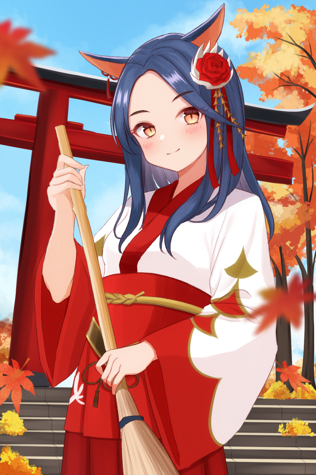 1girl animal_ears autumn_leaves blue_hair broom commission day daysss final_fantasy final_fantasy_xiv hair_ornament highres holding holding_broom japanese_clothes kanzashi kimono leaf long_hair long_sleeves looking_at_viewer maple_leaf miqo'te outdoors skeb_commission sky slit_pupils smile solo stairs torii tree wide_sleeves yellow_eyes