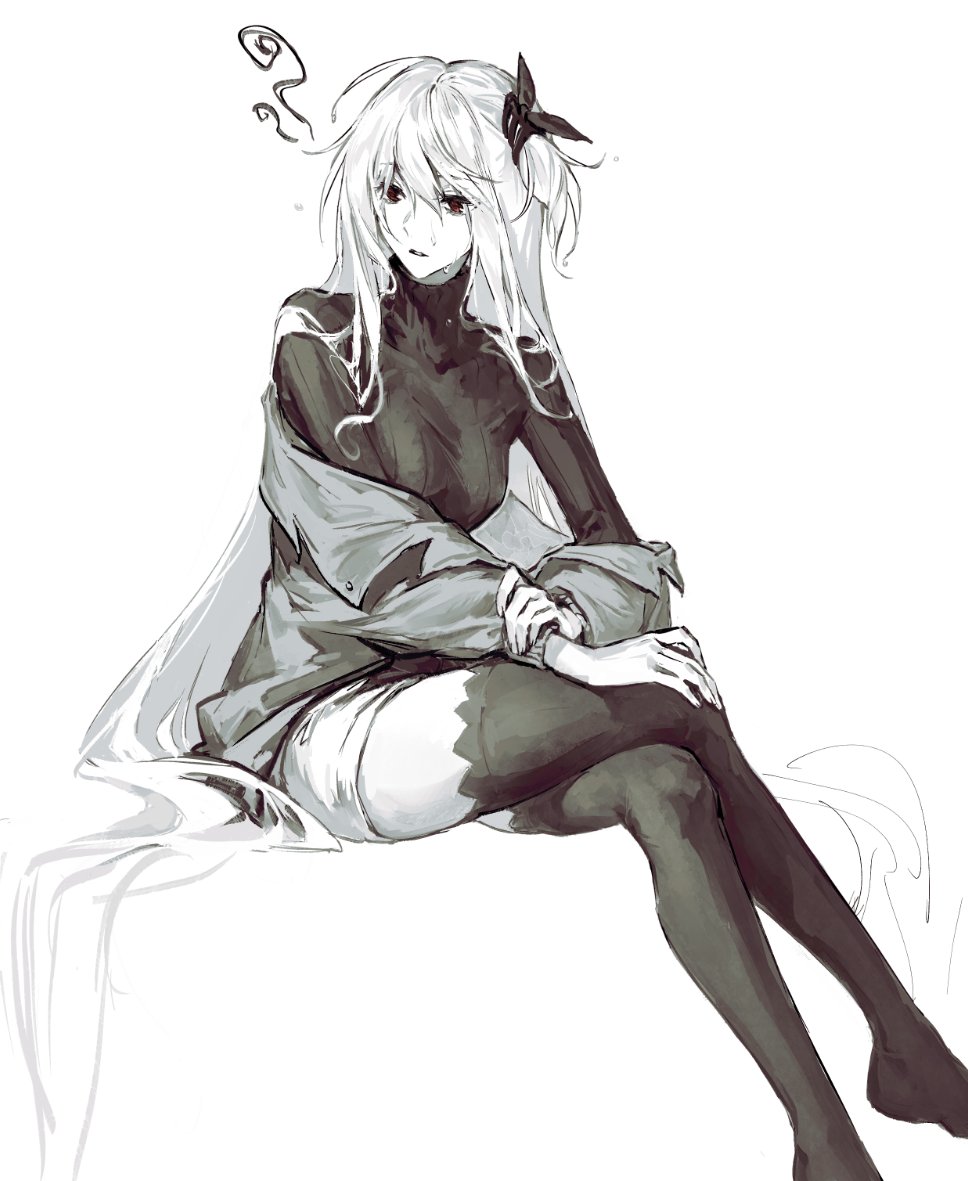 1girl alternate_costume arknights black_eyes black_thighhighs breasts crossed_legs greyscale hair_between_eyes hair_ornament invisible_chair jacket long_hair long_sleeves medium_breasts monochrome no_pupils off_shoulder one_side_up pale_skin parted_lips red_eyes shorts simple_background sitting solo specter_(arknights) squiggle sweater theta_(swfh8575) thigh-highs thighs turtleneck very_long_hair white_background white_hair