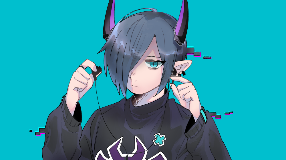 +_+ 1boy androgynous bad_id black_sweater blue_background blue_eyes blue_hair closed_mouth earphones expressionless hair_between_eyes hair_over_one_eye hands_up holding holding_earphones horns jewelry long_sleeves looking_at_viewer male_focus original pointy_ears ring short_hair simple_background solo sweater upper_body